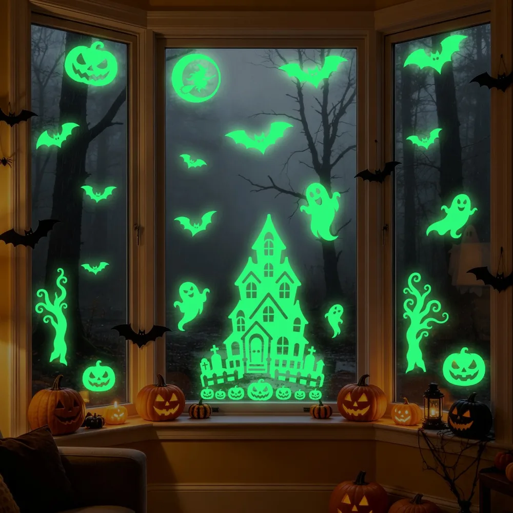 2 Sheet Fluorescent Halloween Luminous Wall Sticker Ghost Pumpkin Eye Pattern Green Light Window Sticker PVC