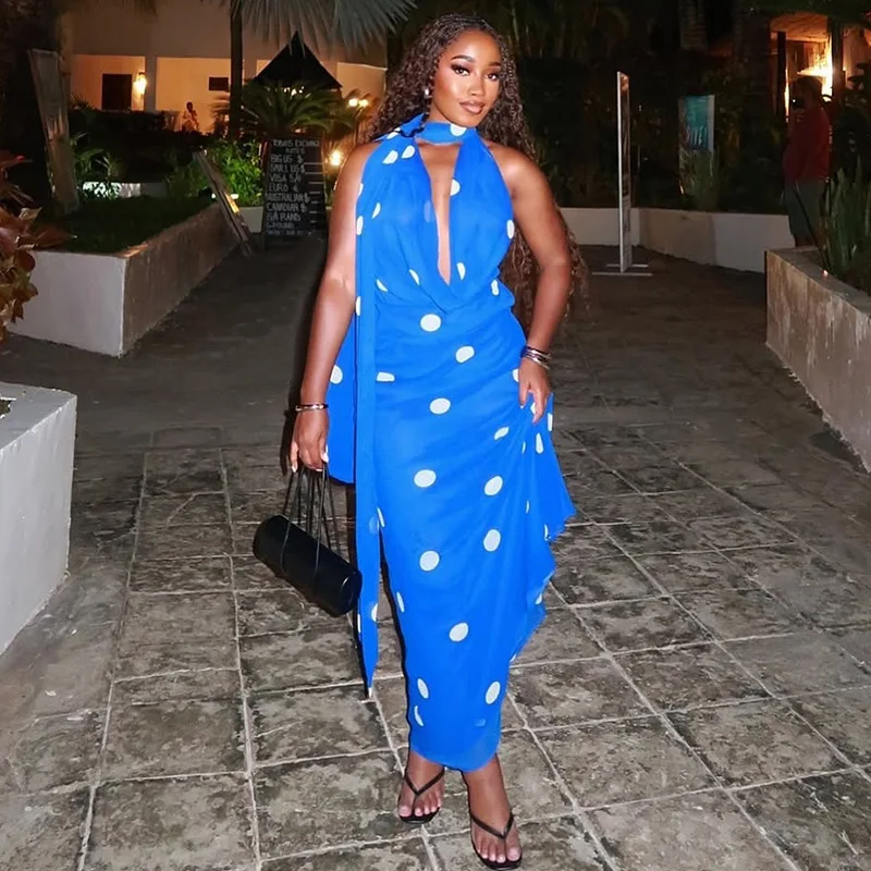 

STYLISH LADY Polka Dots Printed 2 Piece Set Women Halter Backless Top and Maxi Skirt Suits 2025 Autumn Elegant OL Outfits