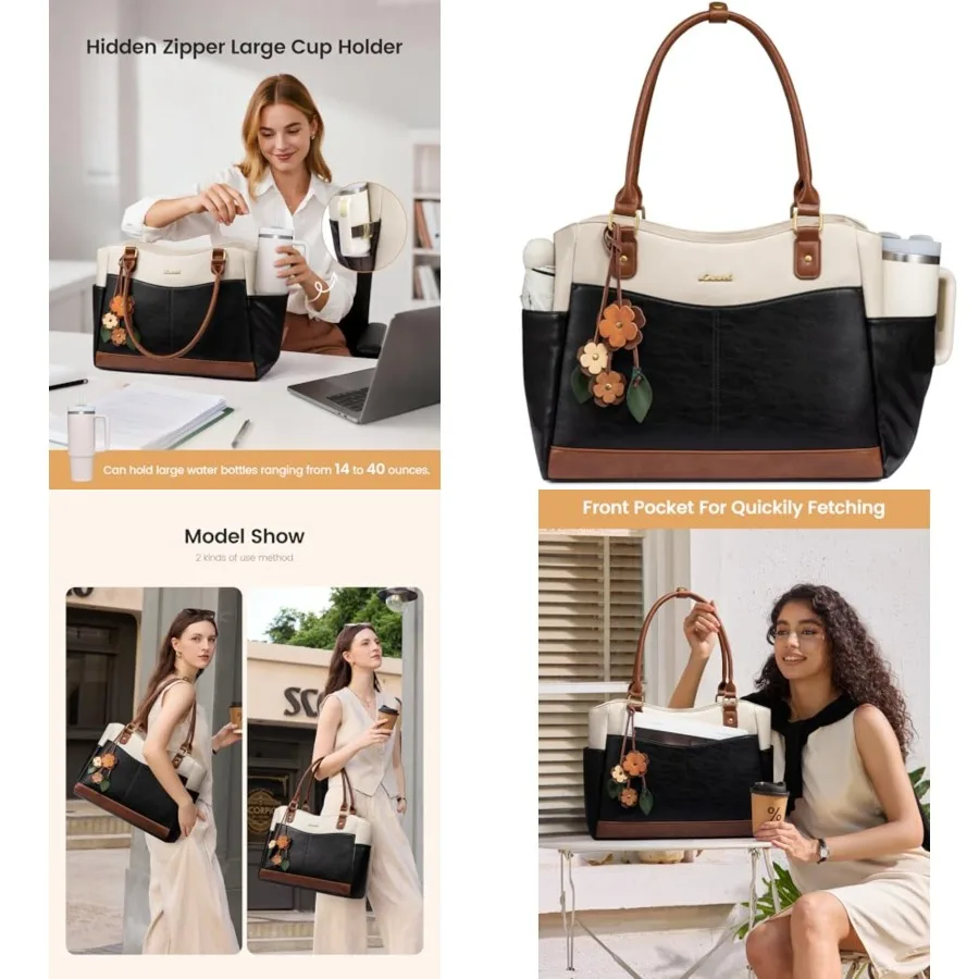 

LOVEVOOK Laptop Bag for Women, Origal Vtage Work Tote Bag Computer Office Teacher Bag with Flower Pendant