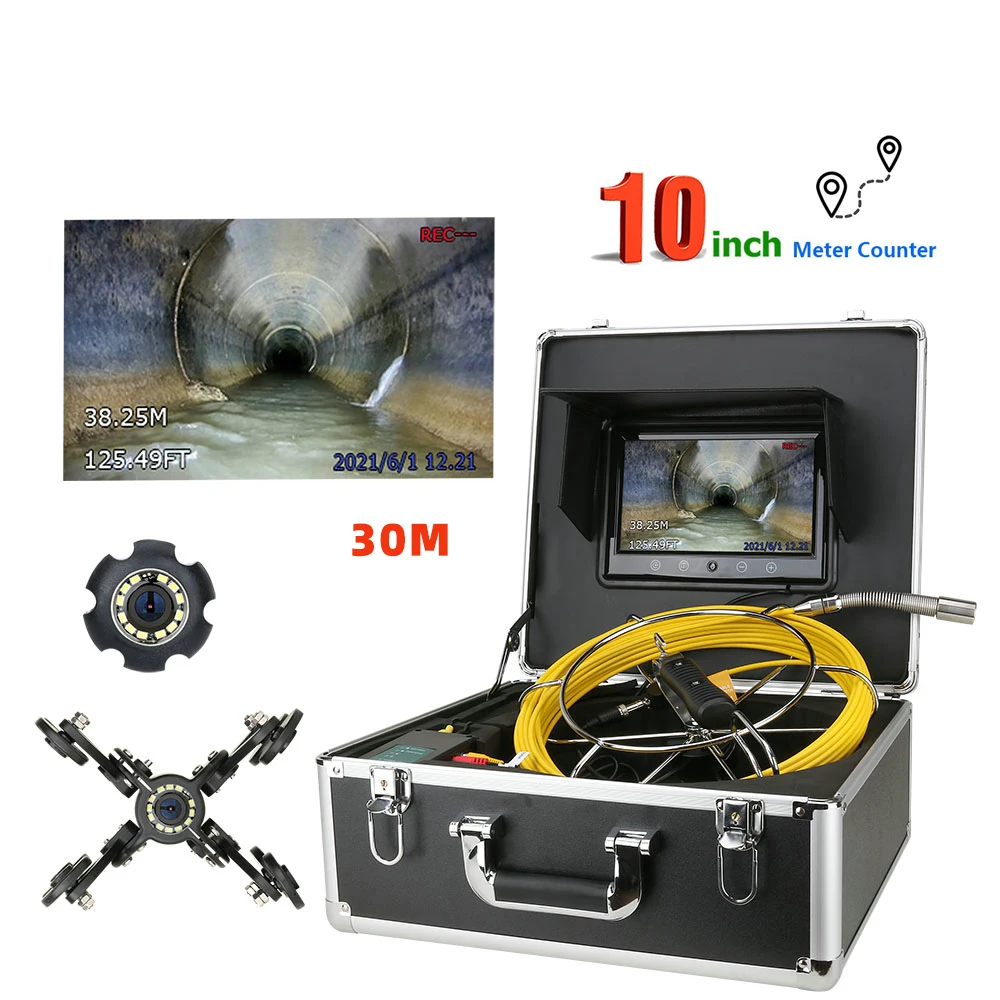 30M Sewer Pipe Inspection Camera With Meter Counter 10 inch Monitor IP68 HD 1000TVL Drain Sewer Pipeline Industrial Endoscope