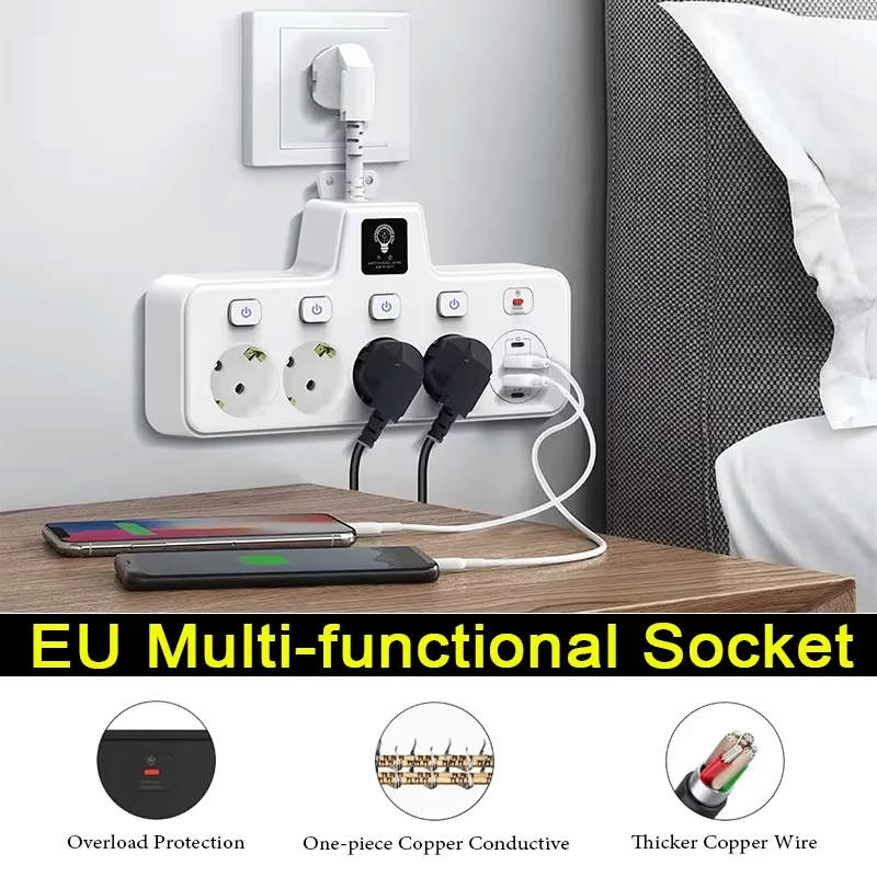 EU Plug Power Strip Socket with USB C Interface, Independent Switch Control for Conversion Socket 2C2U with Overload Protection
