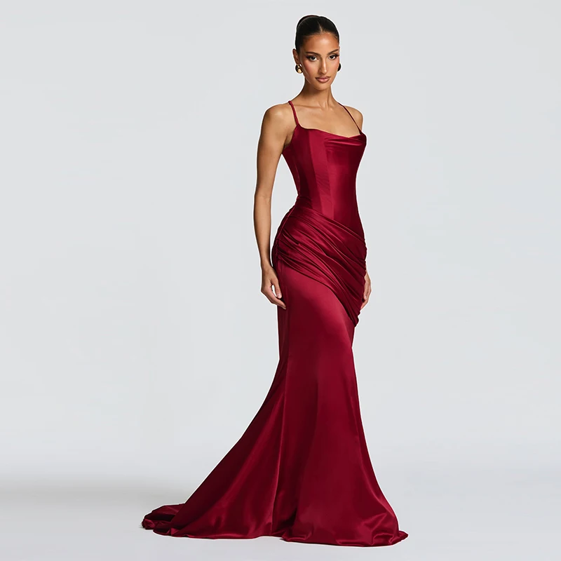 2026 Nieuwe Dame Satijnen Jurken Visgraat Corset Top Geplooide Lange Rok Party Vakantie Elegante Maxi Gewaden Slim Fit Luxe Vestidos