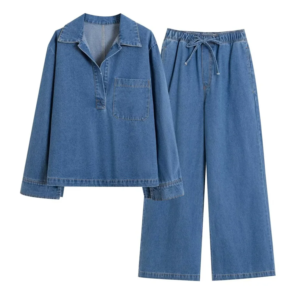 PB&ZA 2024 Early Autumn New Women's Fashion Solid Color V-neck Loose Denim Pullover Top High Waist Trousers Set