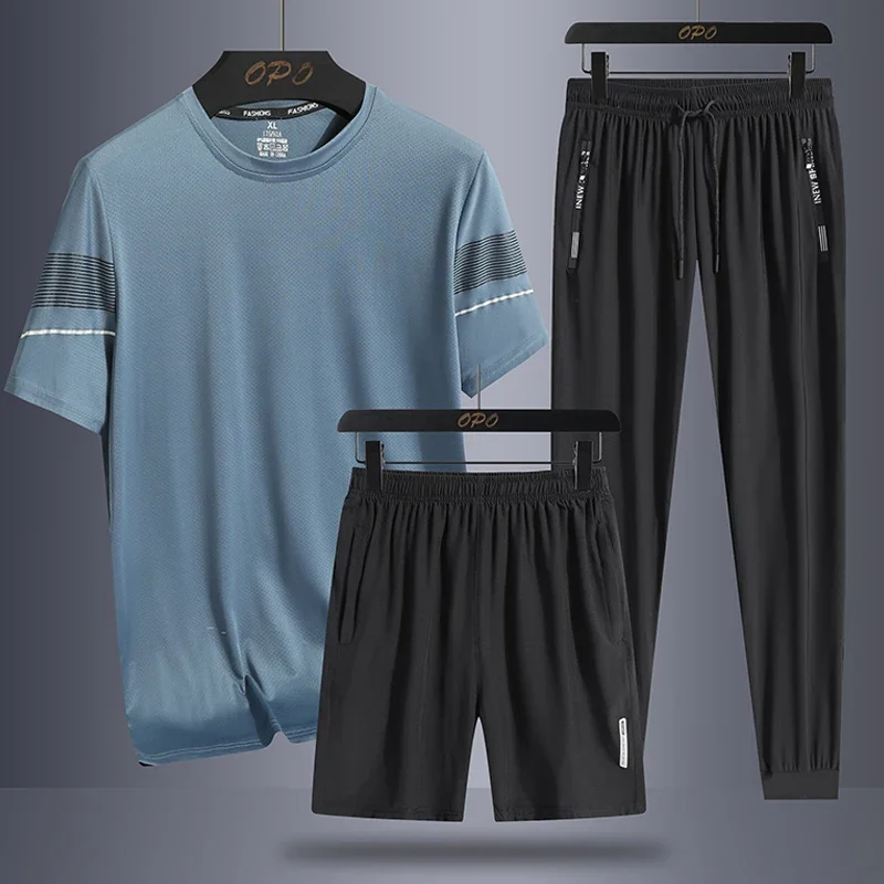 Men's and women's summer striped sports set, outdoor ice silk running thin pullover T-shirt, three piece running basketball suit