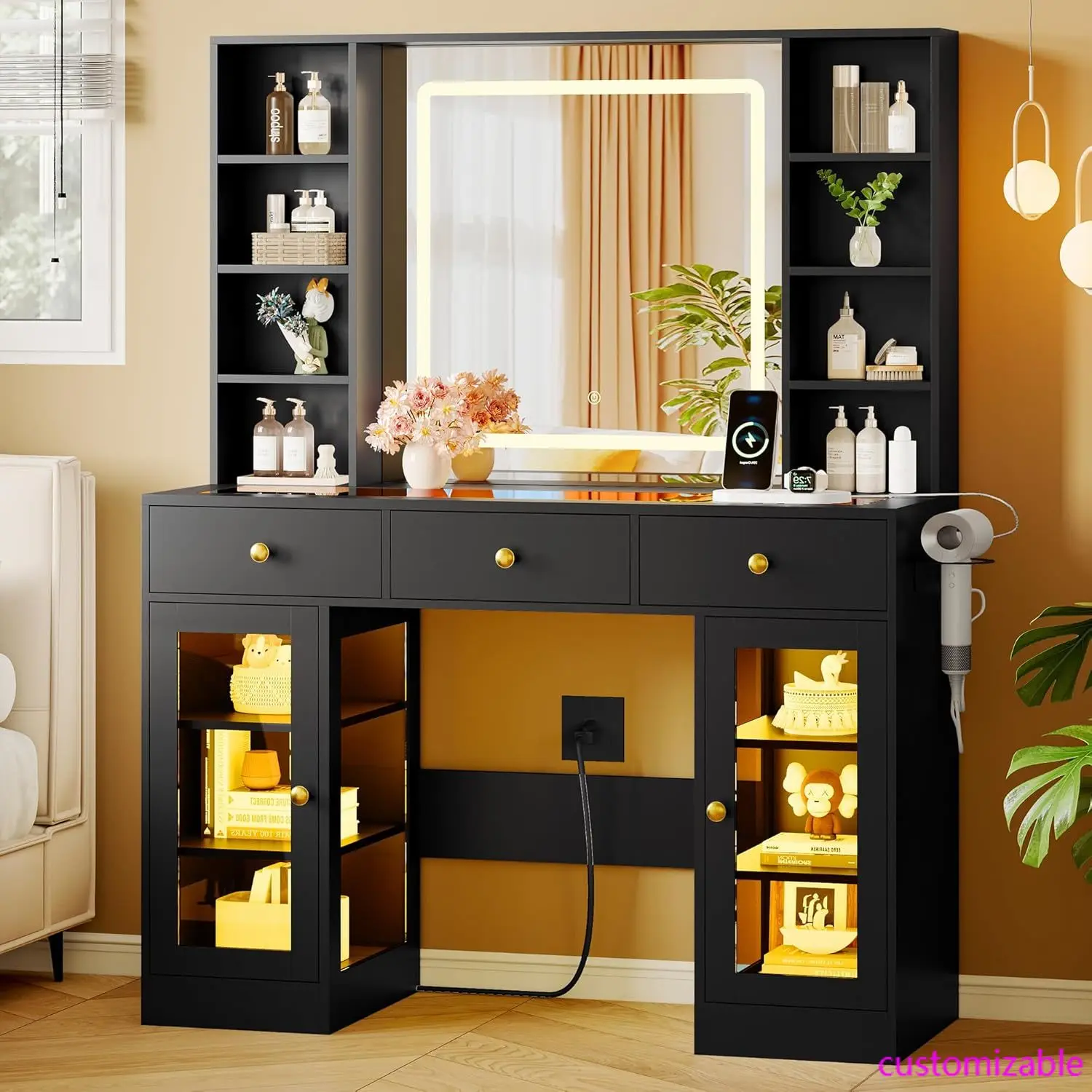 Makeup Vanity Desk with HD Lighted Mirror & Power Outlet, Glass Top Vanity