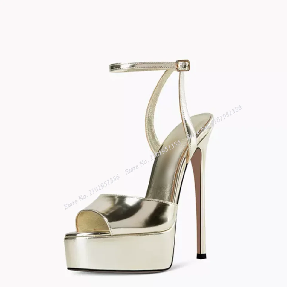 Gold Peep Toe Platform Sandals Spike High Heel Shoes for Women Patent Leather Shoes on Heels Summer 2023 New Zapatillas Mujer