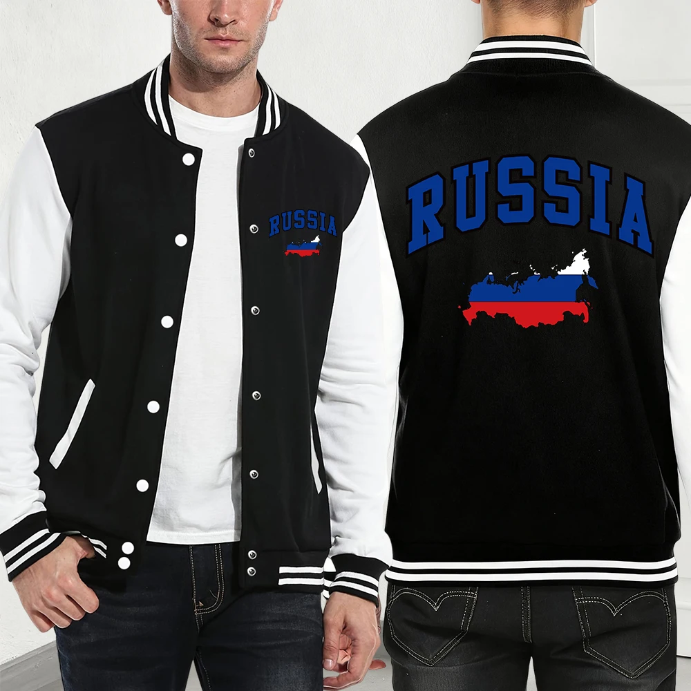 

Russian Flag Colored Map Prints Coats Men'S Winter Loose Baseball Jersey Street Fleece Warm Jackets Basics Pocket Men Clothes