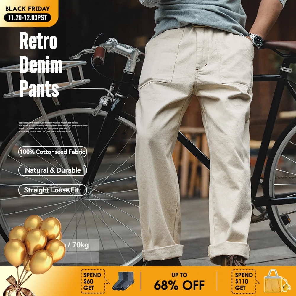 

Maden Vintage 11.2oz White Cottonseed Hull Jeans Casual Loose Fit Straight Trousers for Men's Spring and Fall Chino Cargo Pants