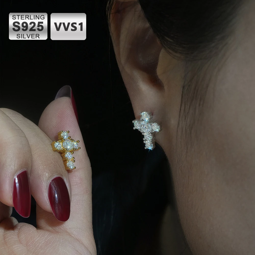 

ICEBLING New Moissanite Cross Earrings For Women Pass Diamonds Tester S925 Silver Ear Studs Hip Hop Jewelry With GRA