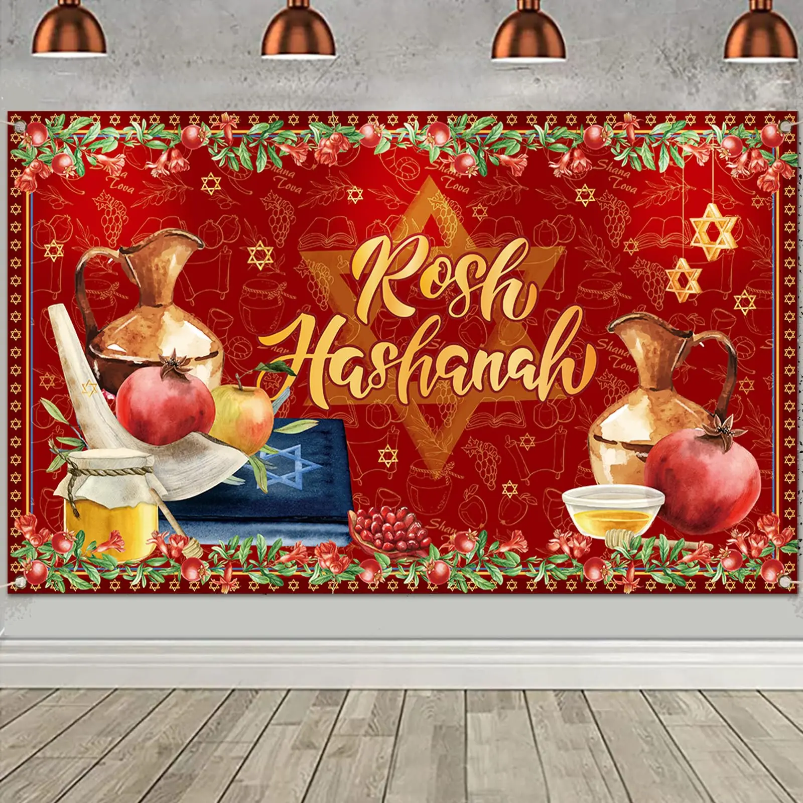 

Rosh Hashanah Photo Backdrop Rosh Hashanah Banner Rosh Hashana Jewish Festival Shana Tova Gold Party Decor for Home