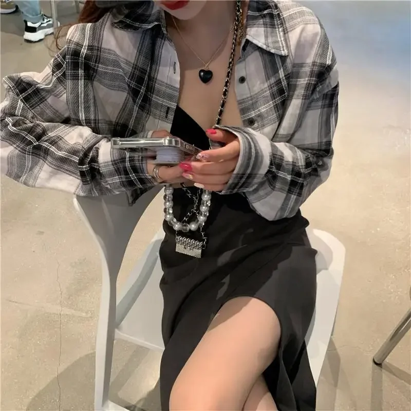 Plaid Shirt Women New Vintage Loose Thin Summer Long Sleeve Camisas Mujer Sun-proof Cropped Ladies Casual Fashion Sexy All-match