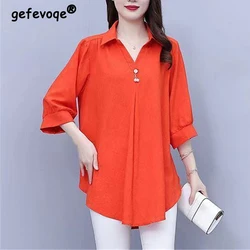 Women's Clothing Korean Fashion Beaded Chic Elegant Blouse Summer Solid Loose 3/4 Sleeve Shirt Irregular Tunic Tops Blusas Mujer