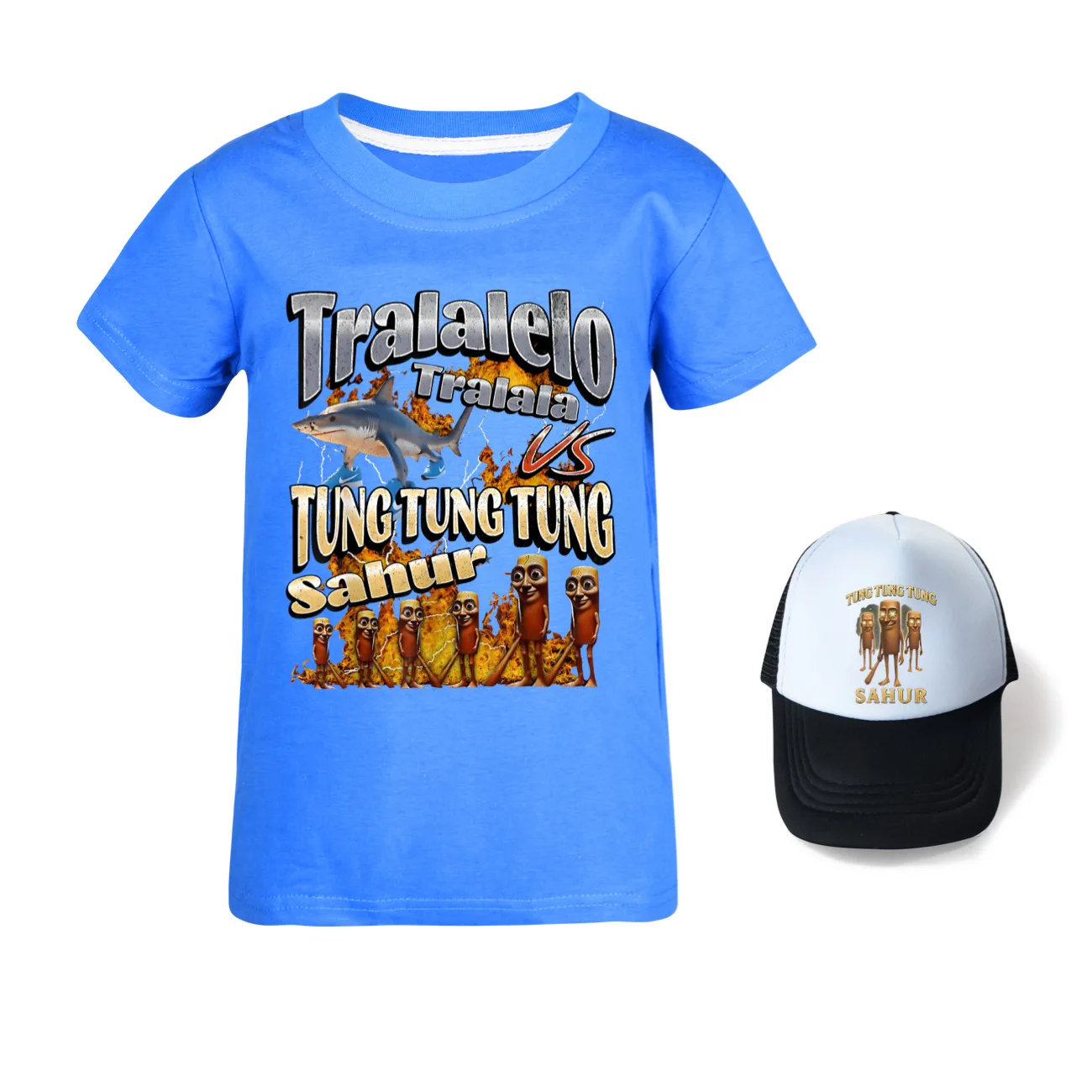 

Tralalero Tralala Camisetas Kids Tung Tung Sahur Одежда для мальчиков Модные топы с короткими рукавами Свободная футболка для девочек и шляпа от солнца Костюм
