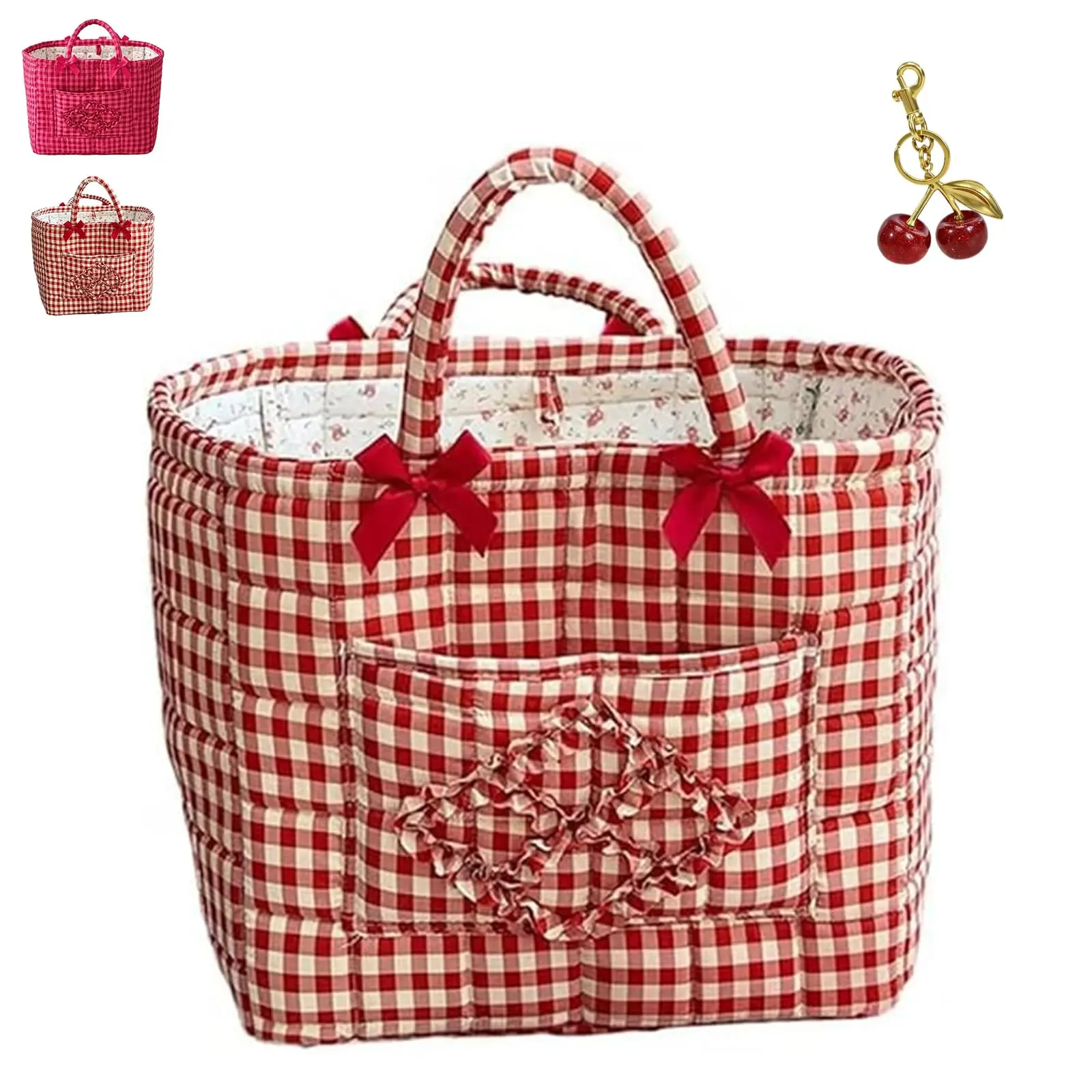 Quilted Cotton Gingham Storage Tote Bag, Foldable Fabric Storage Bag