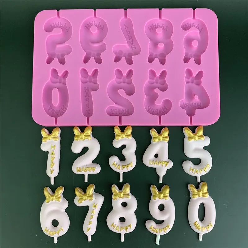 0-9 Number Lollipop Silicone Mold Bowknot Top Hat Chocolate Cheese Stick DIY Handmade Candle Mold Cake Decoration Accessories