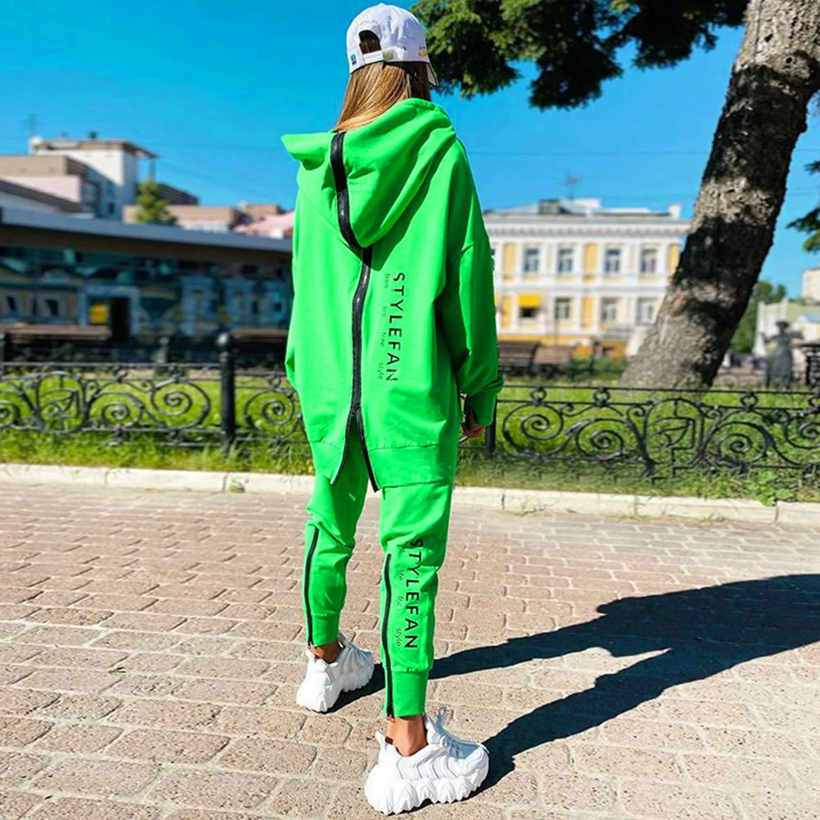 Chándal de gran tamaño para mujer, conjunto de pantalones largos con capucha y cremallera trasera, ropa deportiva de calle, jersey de Hip-Hop,