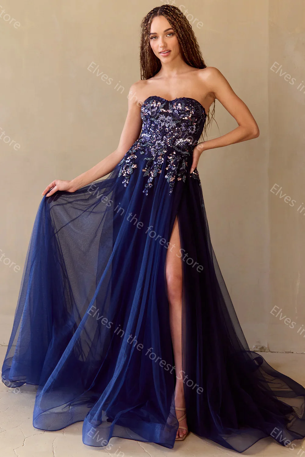 Affascinanti abiti da ballo in tulle Perline di pizzo Abiti da sera senza maniche Abiti da festa formali personalizzati con spacco laterale vintage