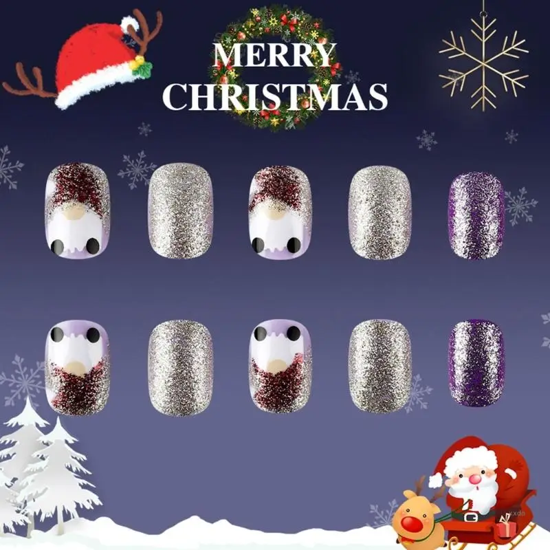 24 Pcs Short Square Full Cover False Nail Christmas Press On Nail Glittering Artificial Nail Snowman Stick on Nail