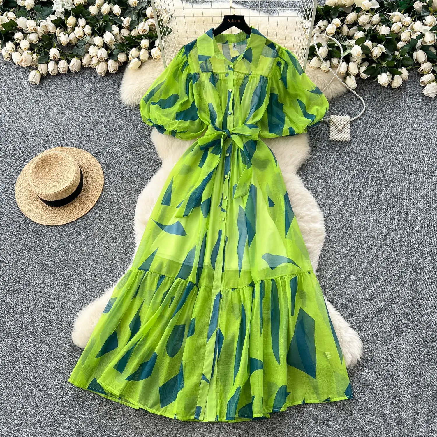 

Long Dress Women Dresses Vestidos Puff Sleeve Turn Down Collar Sexy Print Elegant Splice Y2k Streetwear Work Party Night