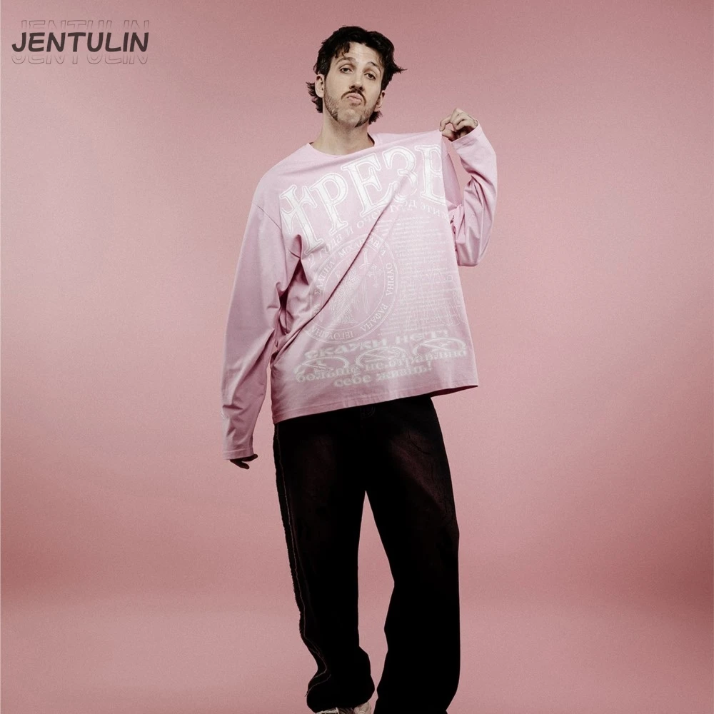 Oversized Men's Clothing Streetwear Трезв Print Autumn Hip Hop Korean Long Sleeve Y2k Top Cotton Graphic Unisex Pink Tshirt Goth image 6