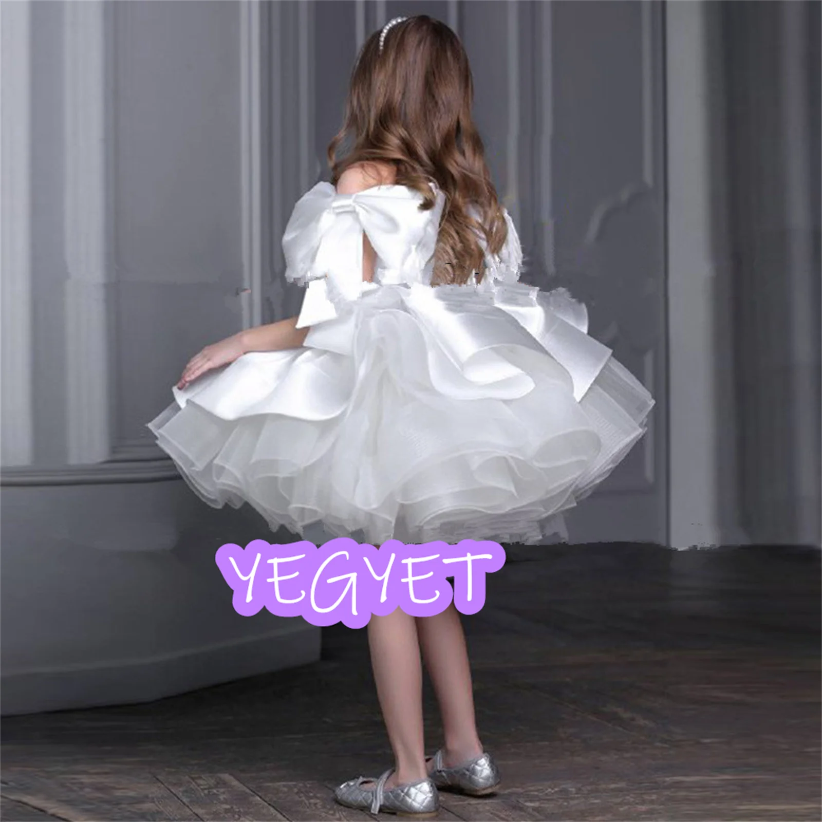 

Pink Puff Flower Girl Dress One Shoulder Long Sleeve Sparkling Beading Sequin First Communion Gown Cute Girl Party Dresses