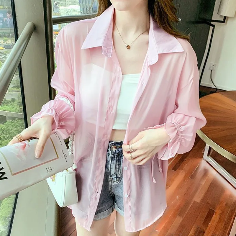 Chiffon Thin Solid Color Cardigan Summer New Long Sleeve Lacing Loose Simplicity Casual Shirt Tops Sweet Fashion Women Clothing