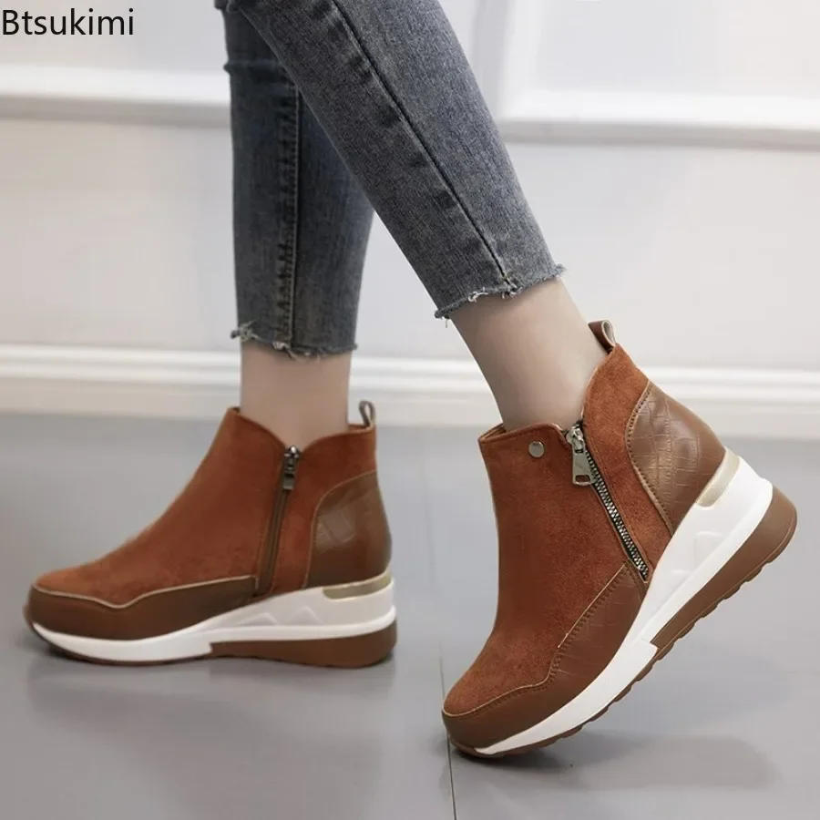 

2024 Women's Casual Ankle Boots Suede Leather Patchwork Wedge Heels Platform Boots Ladies Side Zipper Ankle Boots Booties Female