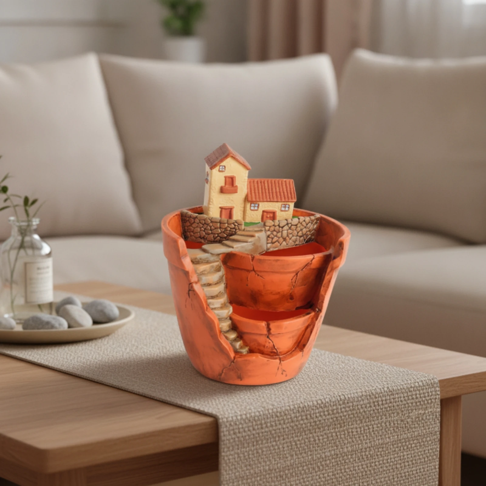 Fairy Garden Pot Whimsical Planter with House Sculptural Planter Miniature Succulent Pot Terracotta-Style for Hobbyists, Desk
