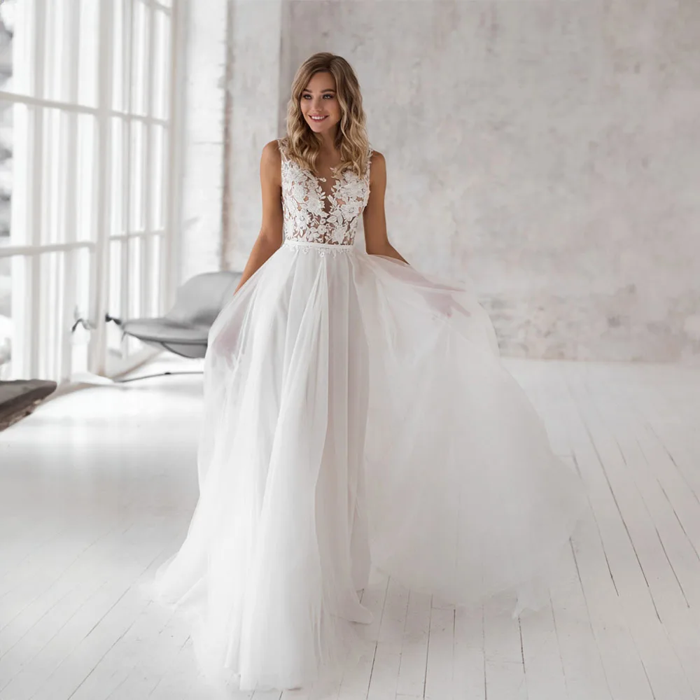 

Spaghetti Straps V-neck Appliques Tulle Wedding Dresses SleevelessIllusion Wedding Gowns A-line Court vestido de novia