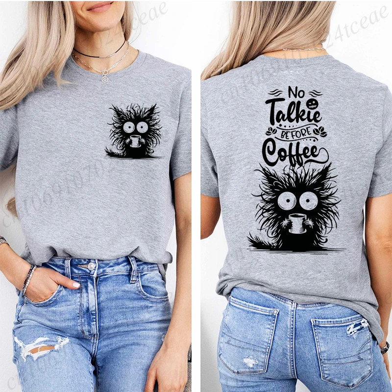 No Talkie Before Coffee Print T-shirt Short Sleeve Casual Top Summer Women Black Cat Kawaii Streetwear Graphic Tees Shirt Tops