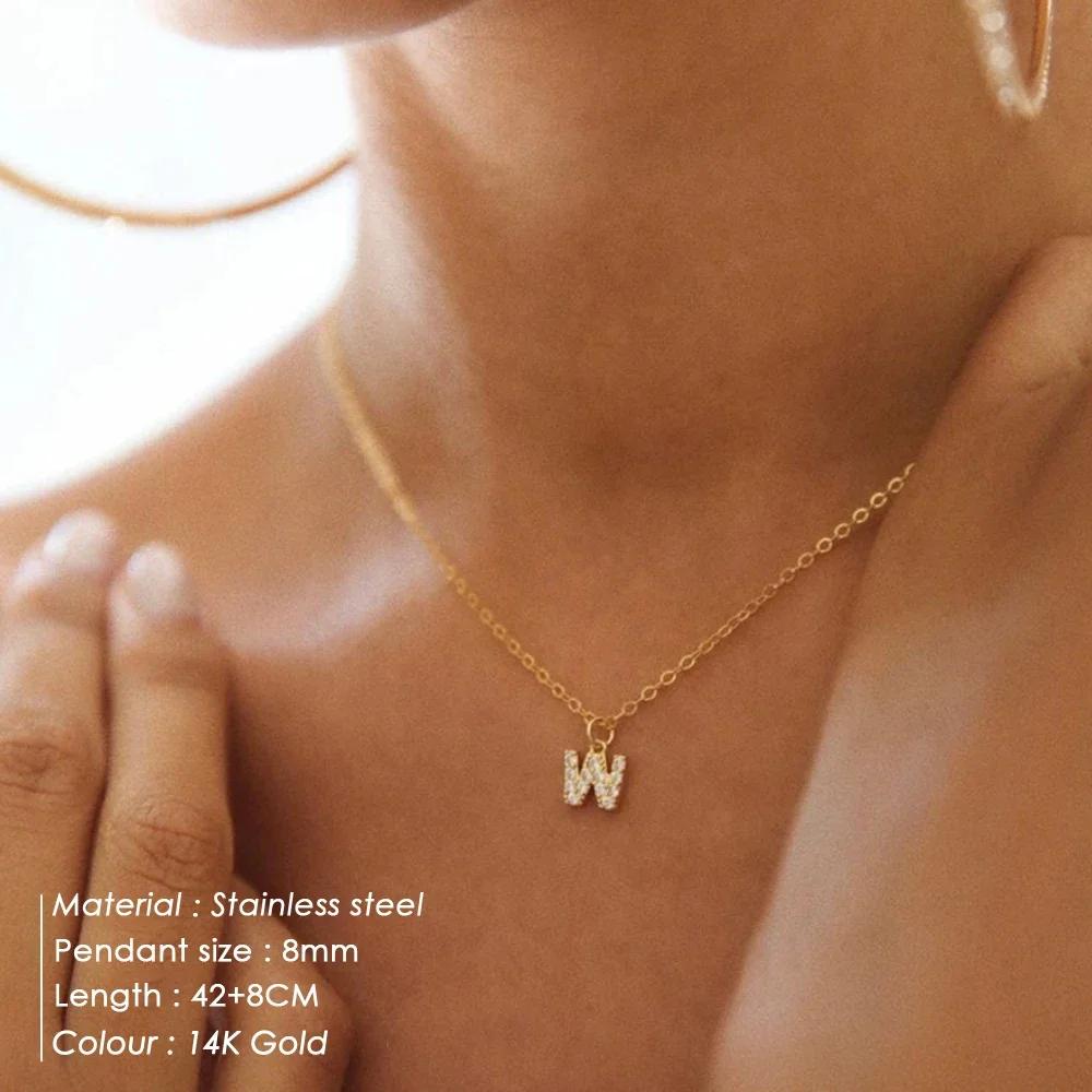 women Stainless Steel Inlay zircon Initial Necklace golden A-Z Letter charms Pendant Alphabet Necklace jewelry