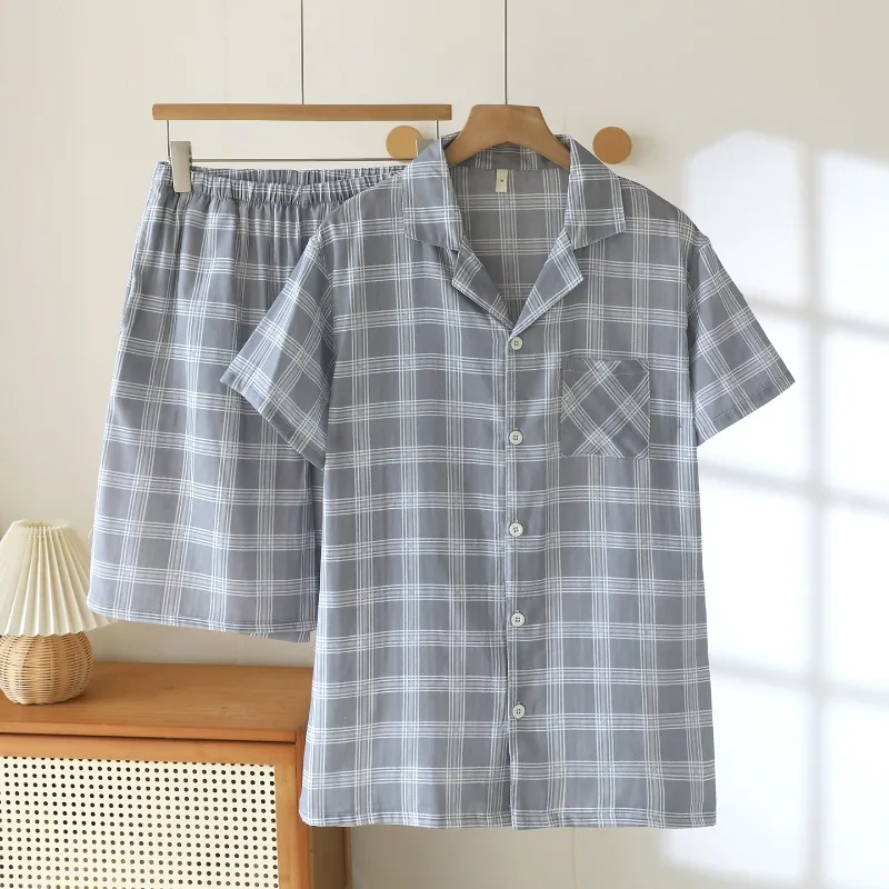 2026 New Summer Men's Pajama Set 100% Cotton Gauze Cool Short Sleeve Shorts Thin Size Large Grid Home Clothes Two Piece Set