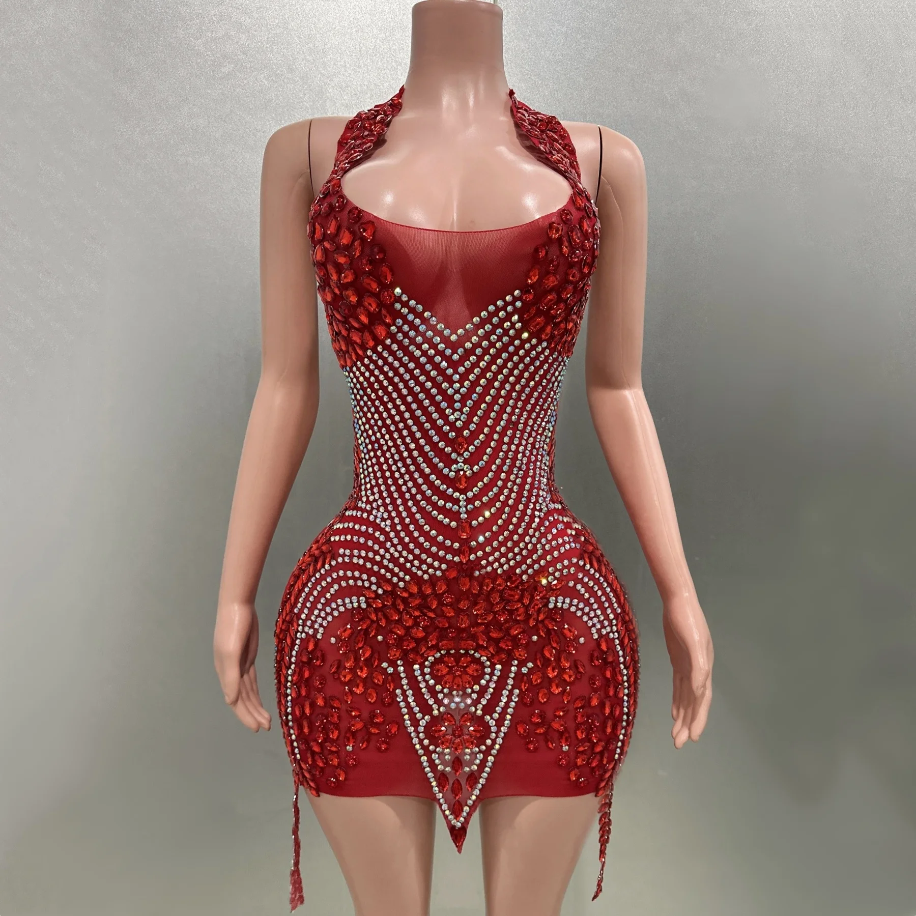 

Flashing Rhinestone Red Sexy Halter Backless Transparent Sheath Mini Dress Birthday Celebrate Costume Women Dancer Prom Outfit