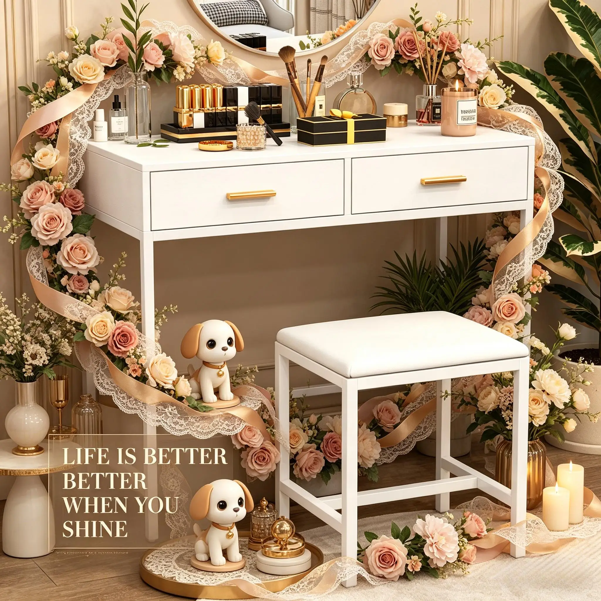 

White Wood Compact Console Table, 2 Drawers & Open Shelves, Entryway Sofa Side Table Living Room Decor