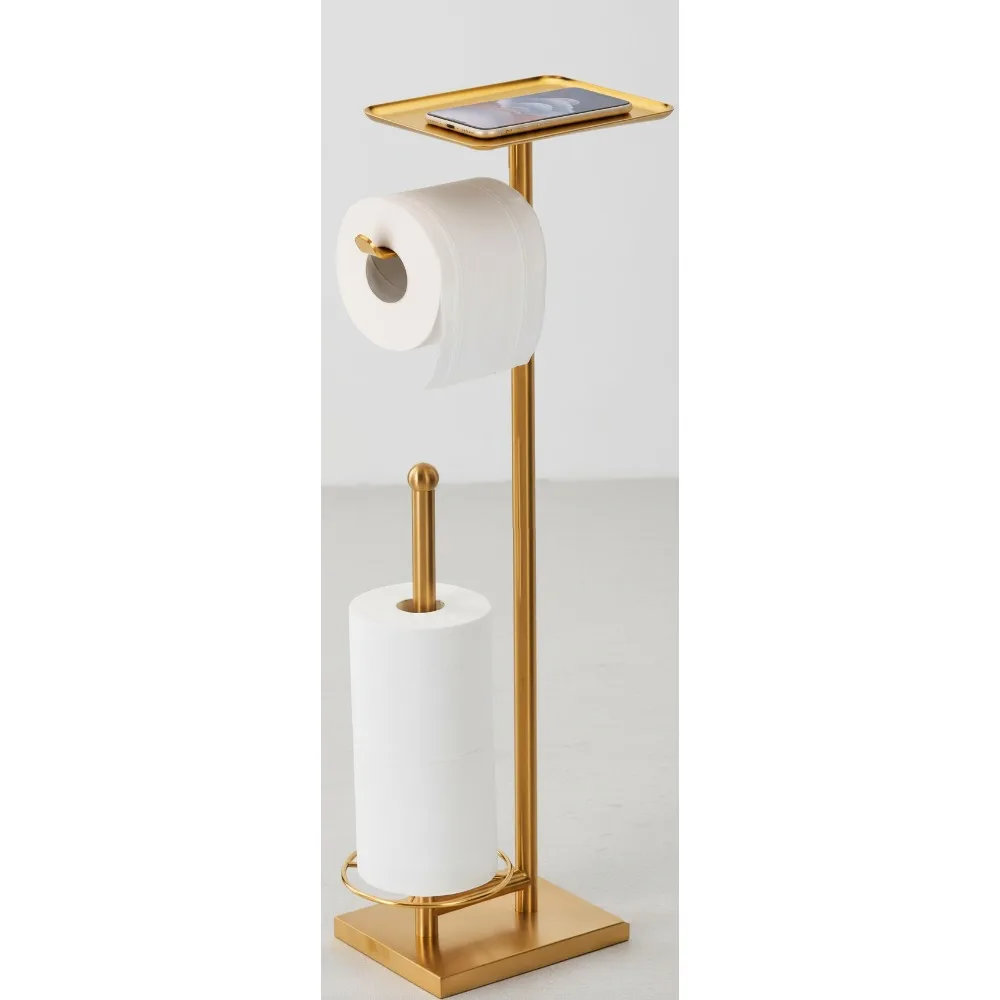 

Freestanding Toilet Paper Holder with Tray, Heavy-Weighted Base No Wobble, Holds 4 Rolls Total for Modern Bathroom
