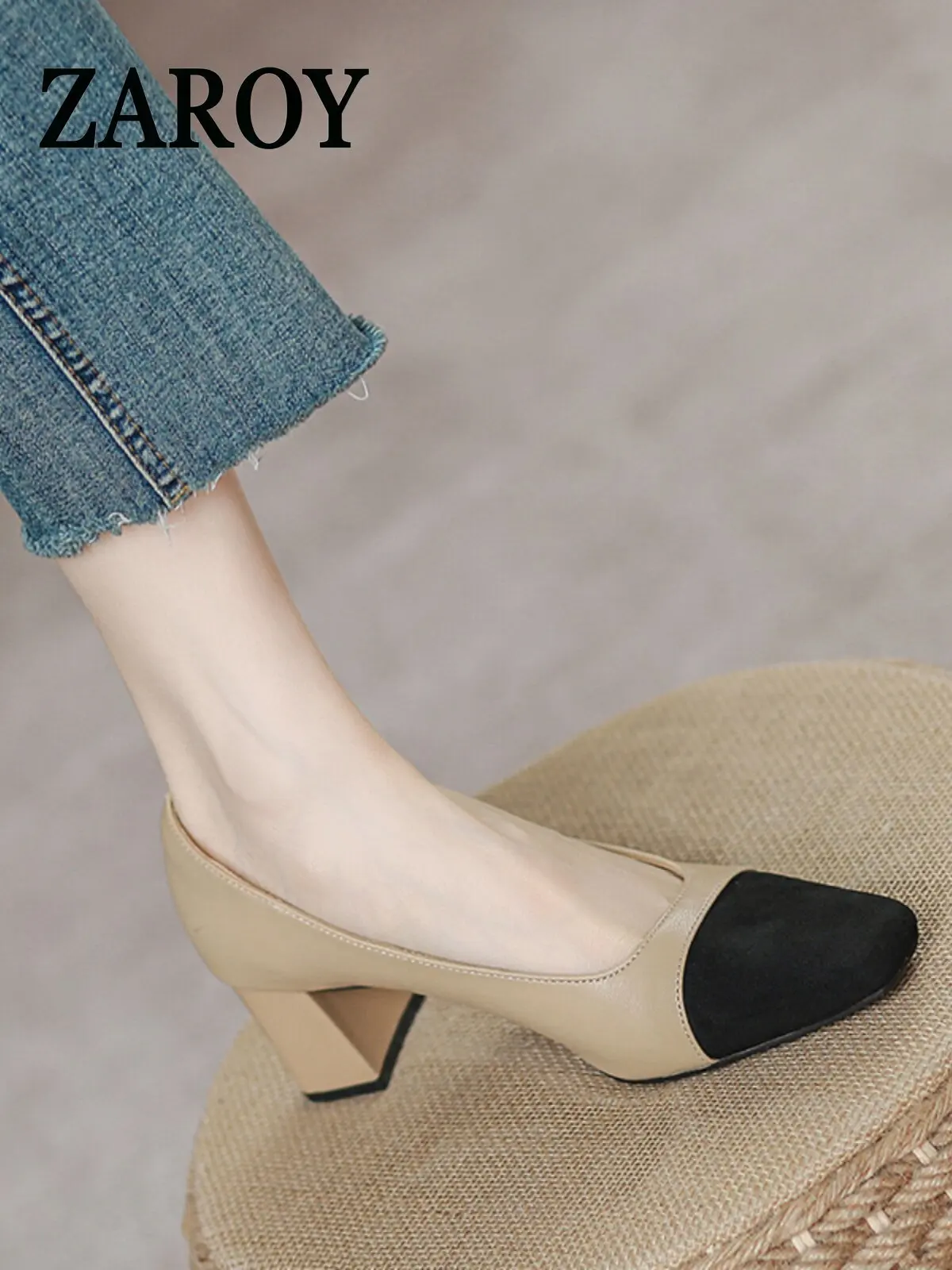 【Outlet Clearance】Leather color-blocked high heels for women 2026 Spring and Autumn new style French soft-cut leather