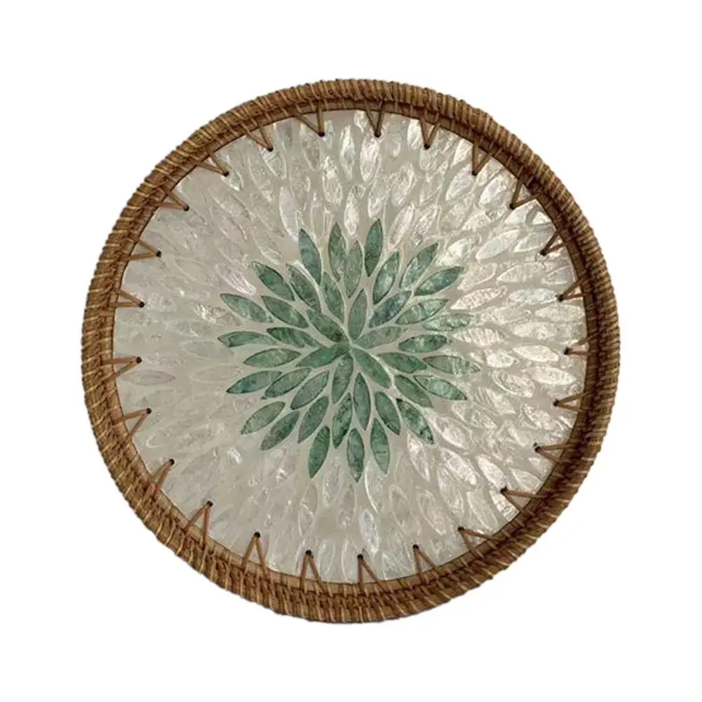 Decorative Round Rattan Serving Tray With Mother Of Pearl Inlay, Hand Woven Mosaic Tray For Snacks Fruit Cake Coffee Table N7A2