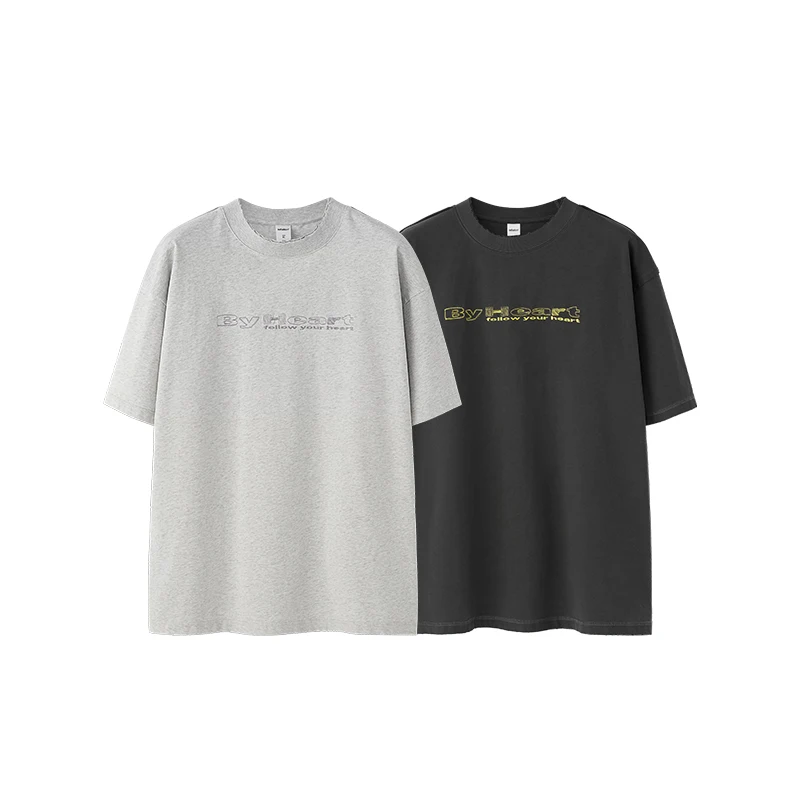 INFLATION 260G Washed Embroidered T-Shirt American Vintage Heavyweight Casual Cotton Short Sleeve for Men