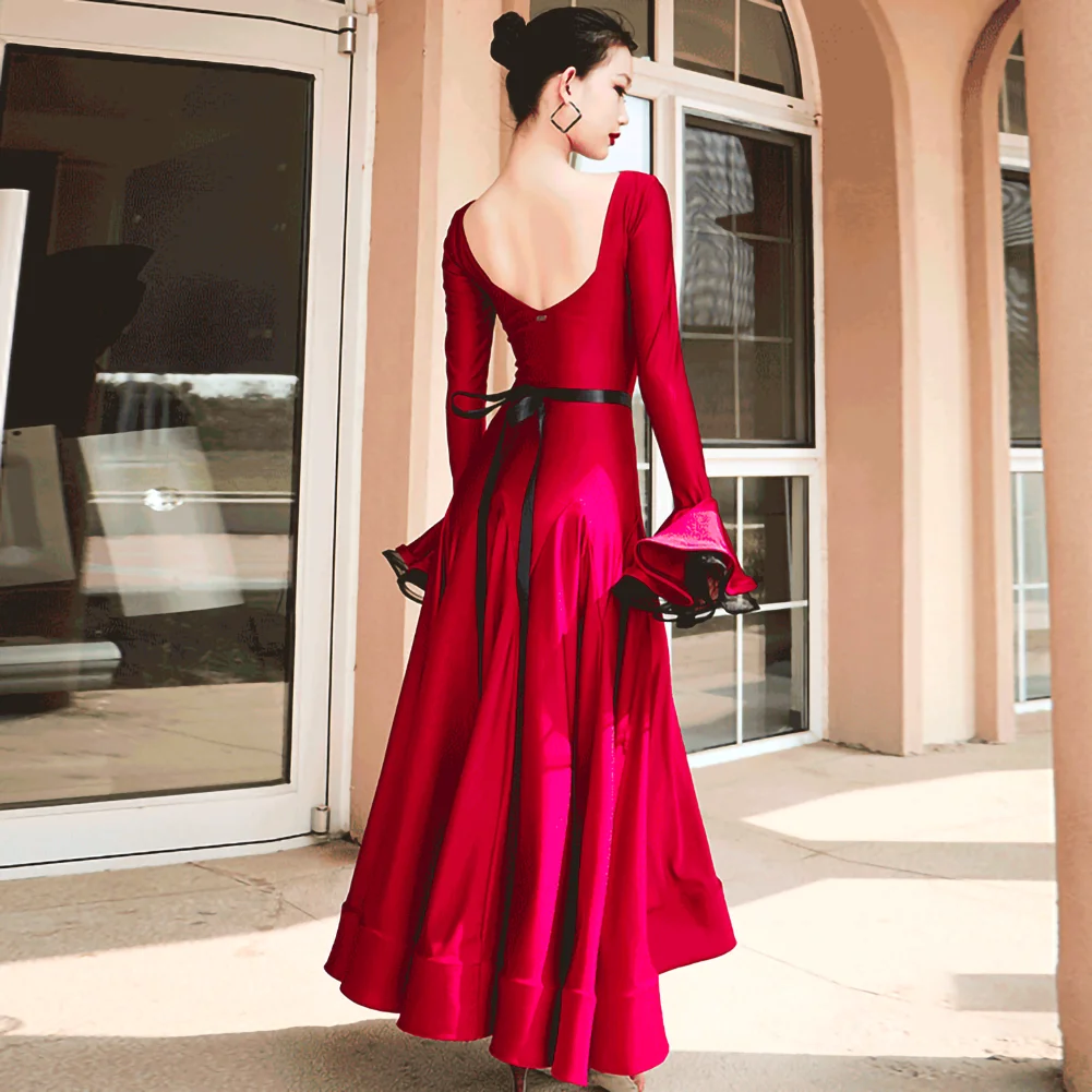 Modern New Ladies Ballroom Dancing Dress Horn Sleeve Fishbone Dress Large Skirt Adult Modern Dance Black wine red Waltz dress