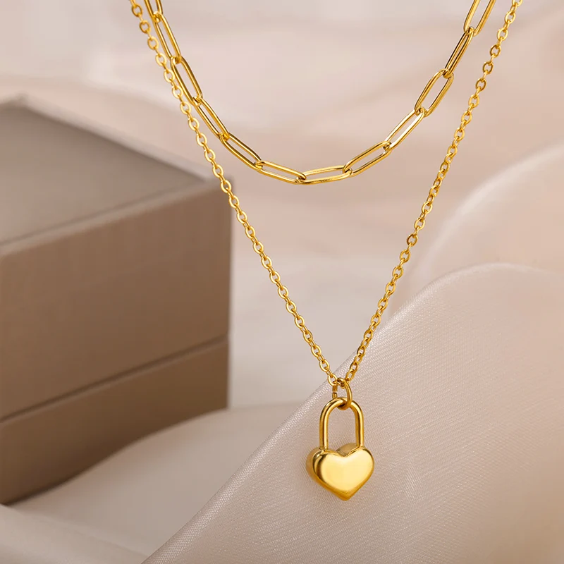 Stainless Steel Heart Necklaces For Women Multilayer Chain Gold Plated Heart Pendant Necklace  Wedding Jewelry Gift BFF 2023