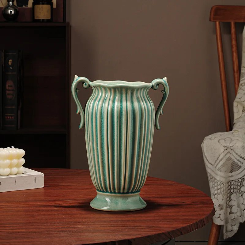 Vintage French Double Handle Ceramic Vase Vertical Striped Crack Glaze Flower Vase for Living Room