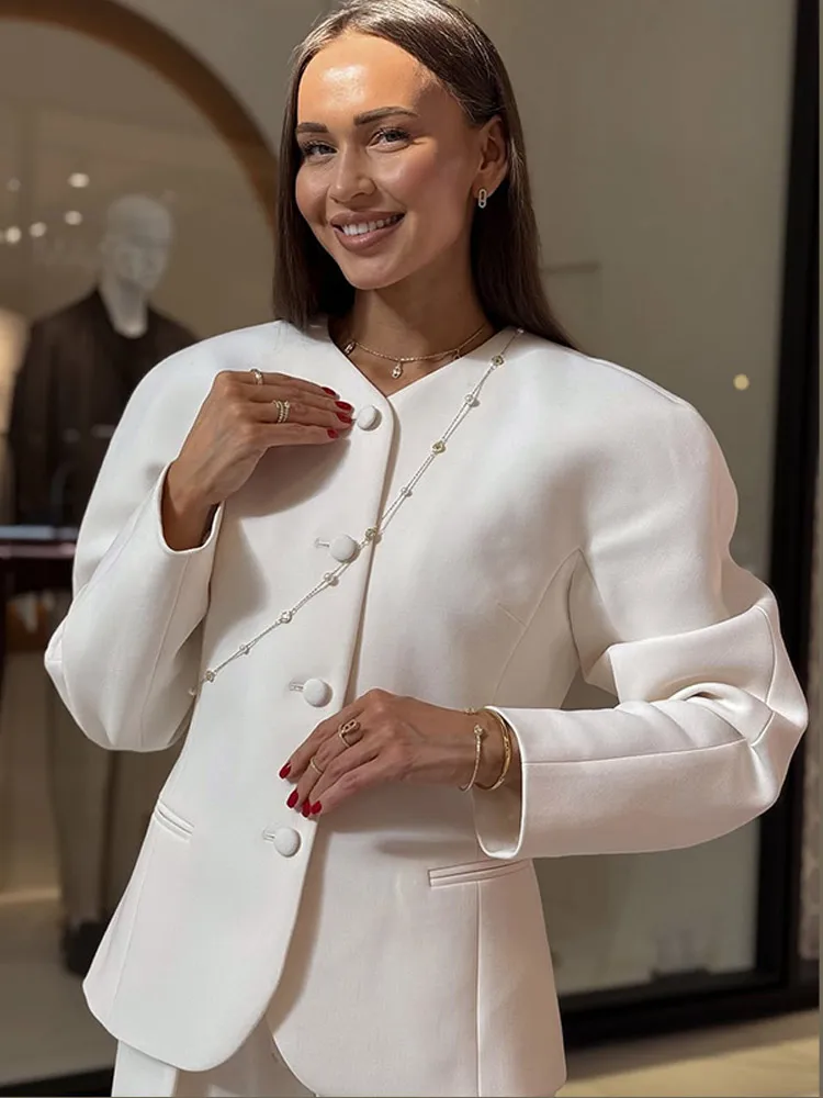 

Women Chic Solid Suit Coats Maxi Sleeves Single-breasted Round Neck Pocket Jackets 2025 New Autumn Lady Daily Street Outerwear