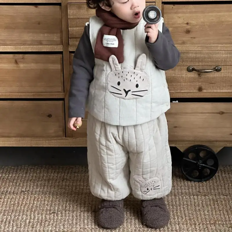 

2025 Winter New Baby Sleeveless Warm Clothes Set Kids Boys Girls Fleece Vest + Pants 2pcs Suit Children Cartoon Vest Outfits