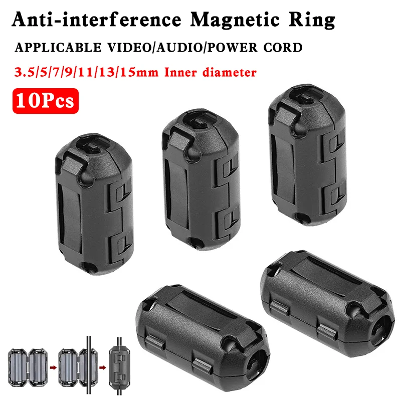 10 Pieces Clip-on Ferrite Ring Core RFI EMI Noise Suppressor Cable Clip for 3.5/5/7/9/11/13/15mm Diameter Video Cable Power Cord