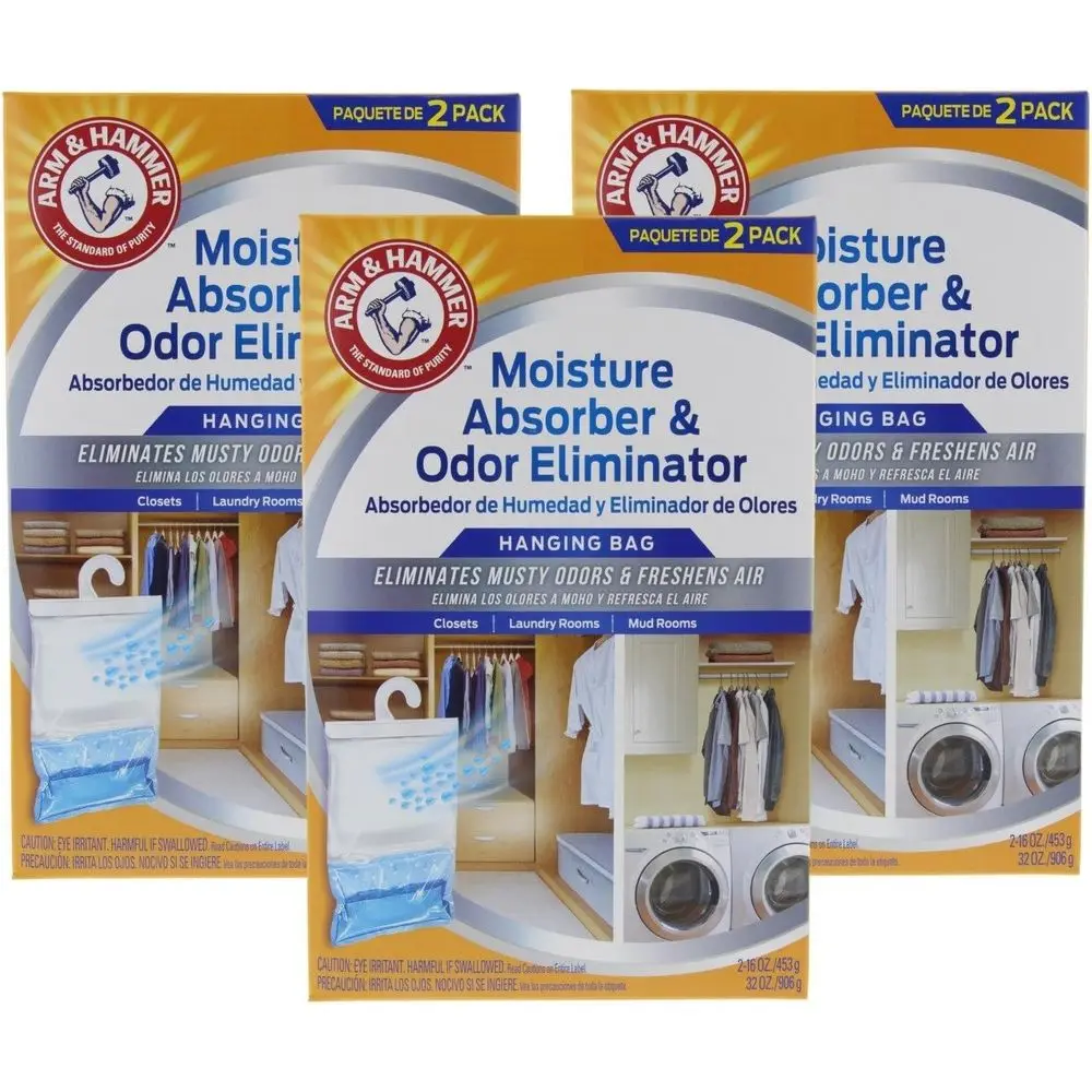 

Moisture Absorber & Odor Eliminator 16oz Hanging Bag, 3 Pack (6 Bags Total) – Eliminates Musty Odor & Refreshes Air in Closets,