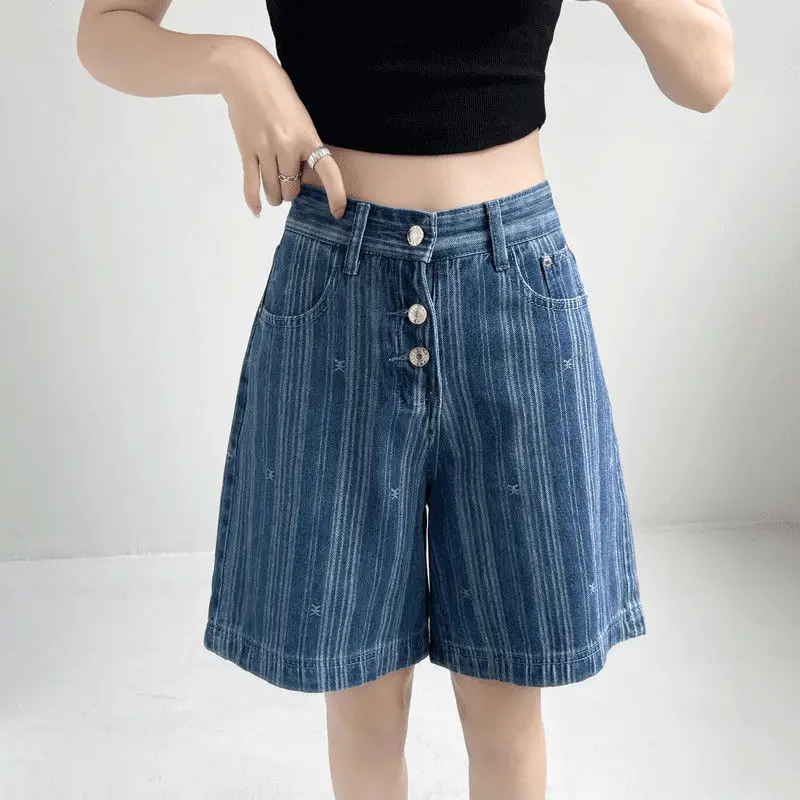 2024 New Striped Quarter Denim Shorts Women's Summer High Waist Slim Wide Leg Pants