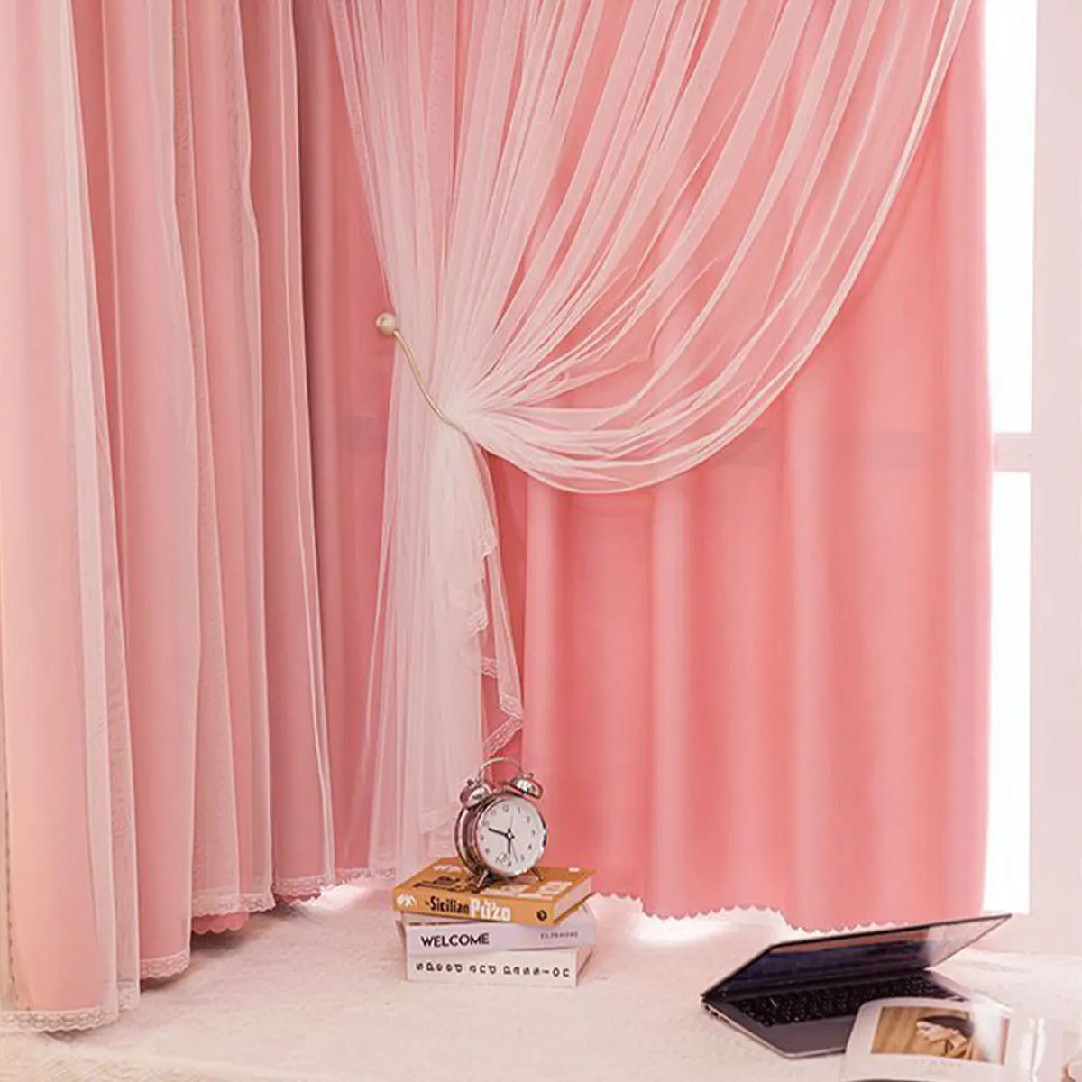 Pink Double Layer Tulle Grommet Curtains, Sheer Light Filter Drapes for Sweet Minimalist Girl Bedroom Decor
