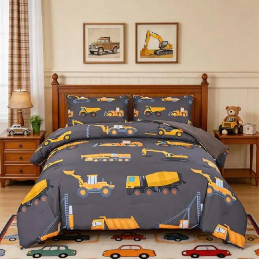 

Construction Bedding Set for Boys Size Trucks Comforter Set Teens 3 Pieces Tractor Bedding Set Lightweight Microfiber Excavator