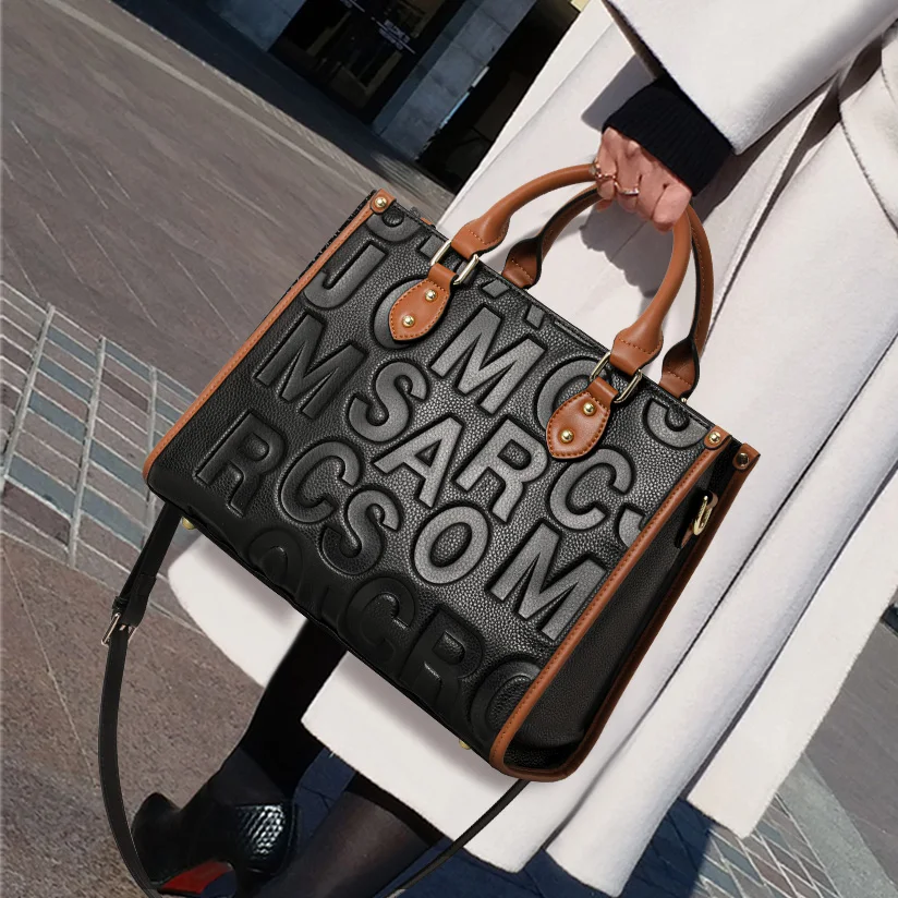 

Genuine leather texture three-dimensional letter embossed bag, commuting large-capacity hand-held crossbody women's bag, mom bag