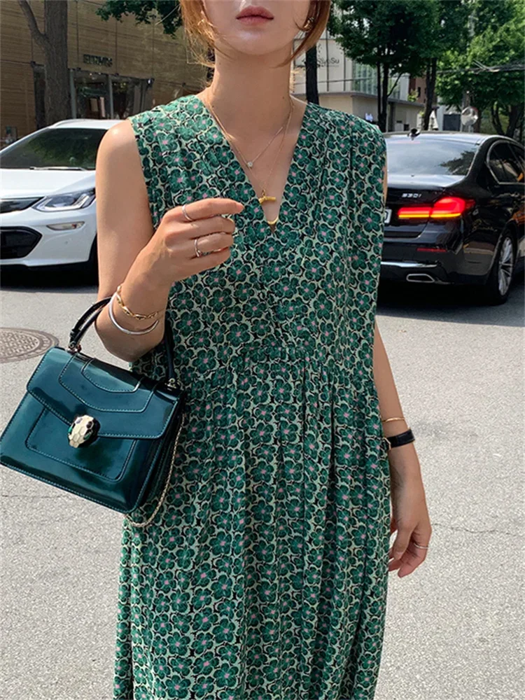 Summer New Sleeveless Women Floral Dress New Korea Fashion Vintage Woman Casual Loose Office Pullover Chiffon Print Long Dresses